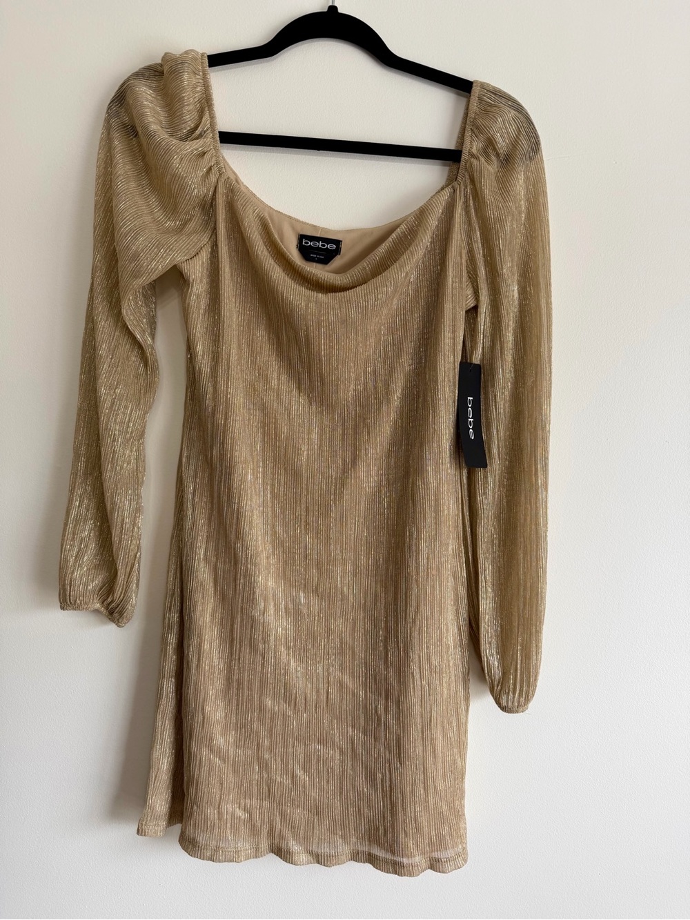 NWT bebe Y2K Gold Metallic Puff Sleeve Mini Dress Size L Made in USA